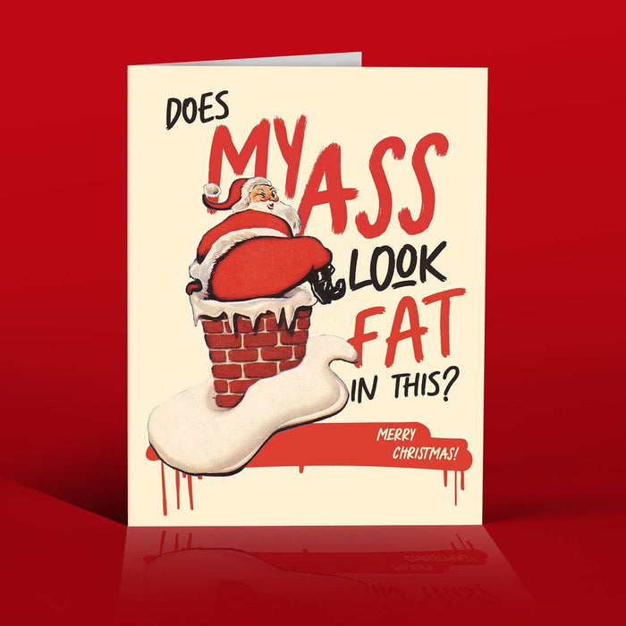 Card with Santa Claus in a stocking and humorous text on a red background