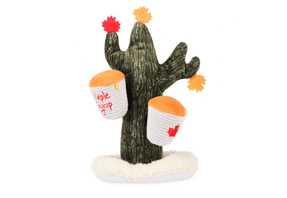 P.L.A.Y. x Earth Rated Montreal Munchies Collection - Barking Up The Maple Tree Dog Toy - Detachable Maple Syrup Shown