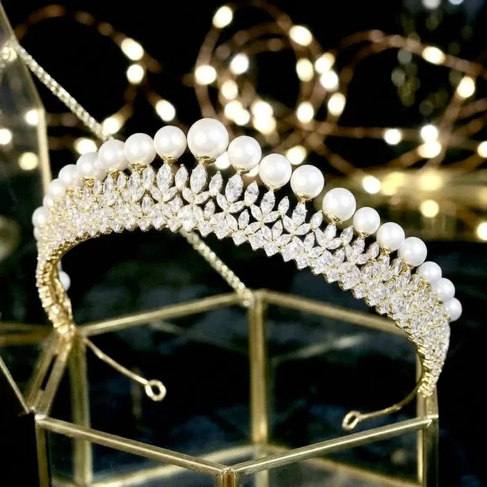 Pearl & Cubic Zirconia Bridal Tiara Silver & Gold | ADORA by Simona