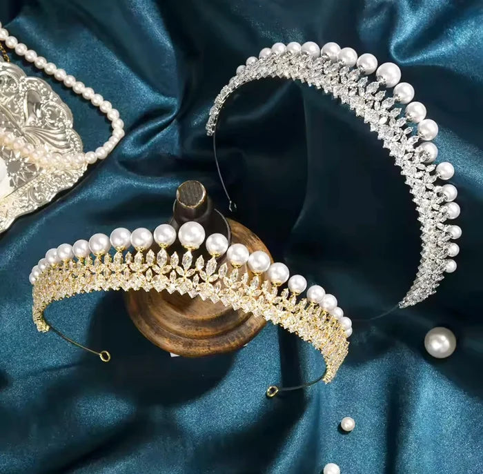 Pearl & Cubic Zirconia Bridal Tiara Silver & Gold | ADORA by Simona