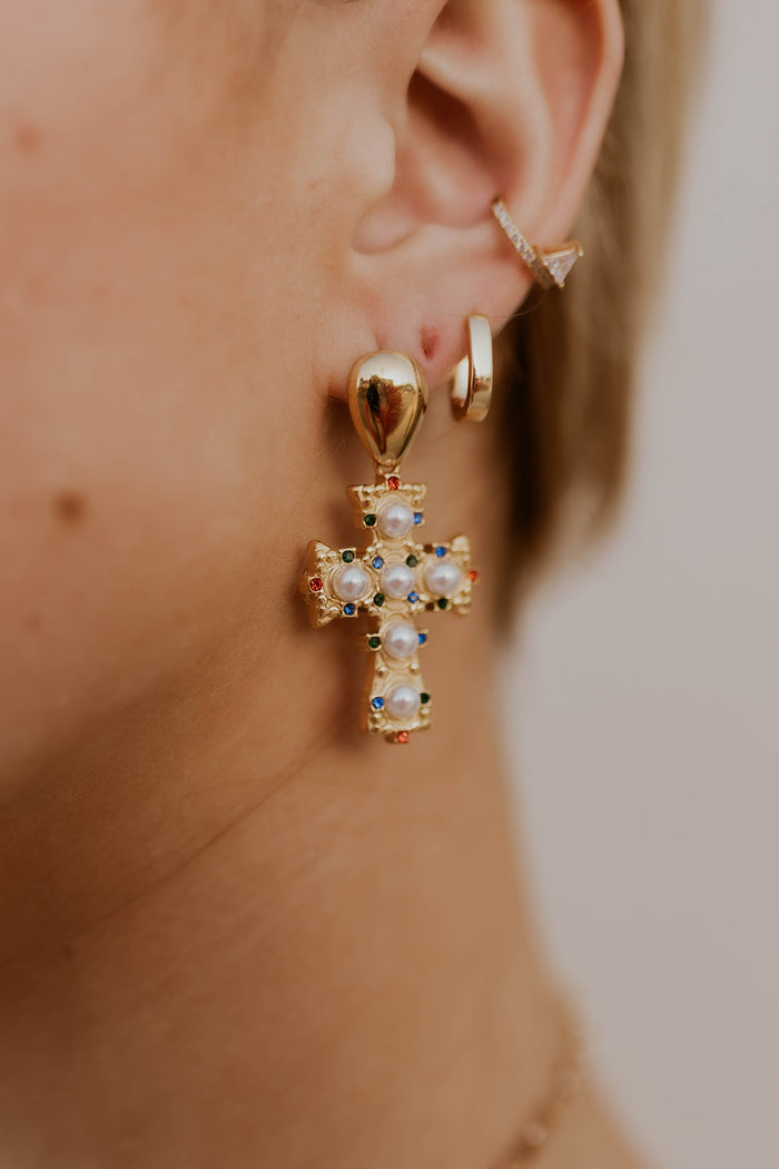 Evianna Pearl Cross Earrings