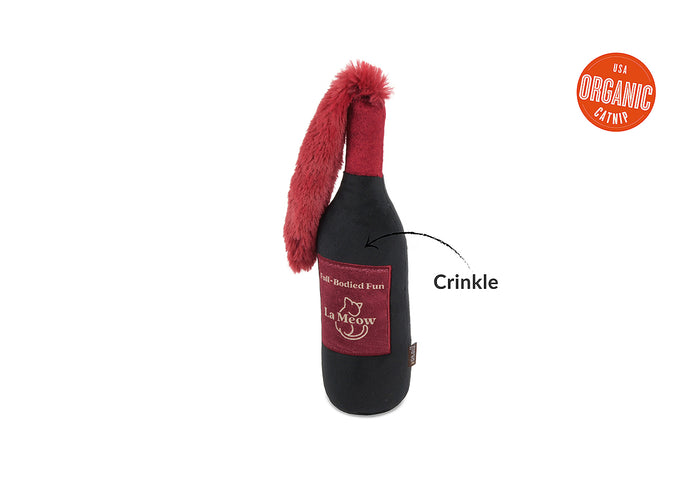 P.L.A.Y. Feline Frenzy Catbernet Sauv Kicker Toy crinkle feature, pointed out with a USA organic catnip label on a white background