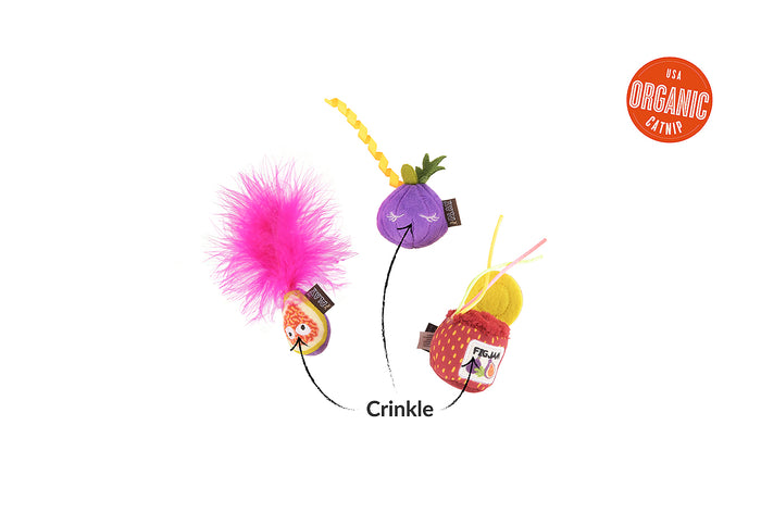 P.L.A.Y. Feline Frenzy Fig N’ Whiskers Toy Set image with crinkle feature pointed out and USA organic catnip label  on a white background