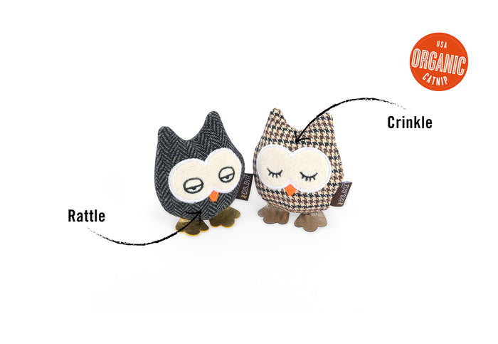 P.L.A.Y. Feline Frenzy Hooti-ful Owls Toy Set with features shown