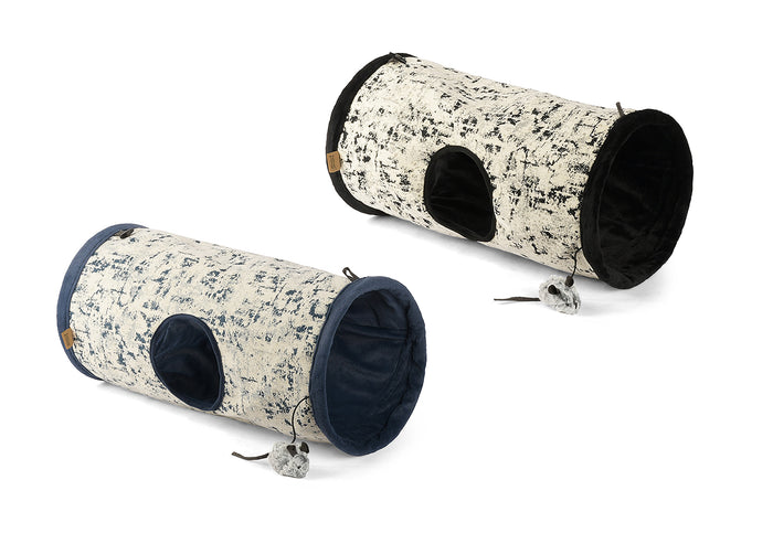 Feline Frenzy Purr & Pounce Cat Tunnel shown in both Celestial print colorways on a white background.