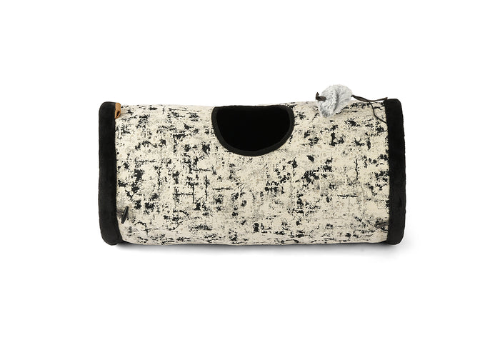 Feline Frenzy Purr & Pounce Cat Tunnel in Black Celestial print shown with dangling mouse toy sitting on top of it beside the peephole on white background.