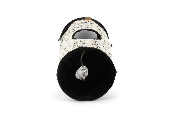 Feline Frenzy Purr & Pounce Cat Tunnel in Black Celestial print shown looking through end of tunel with dangling mouse toy hanging on white background