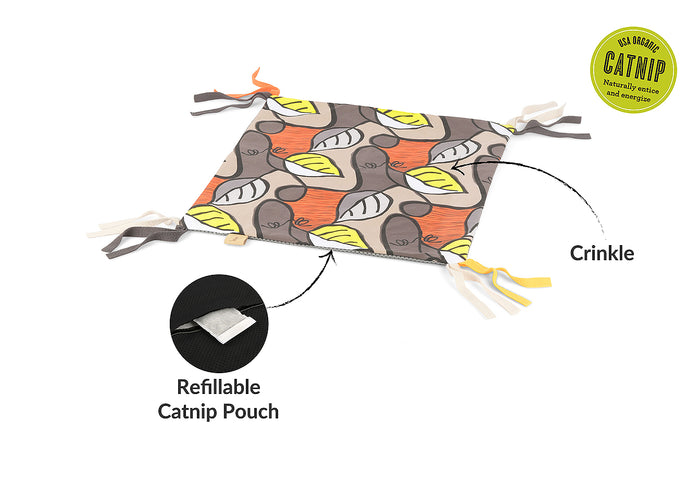 P.L.A.Y. Feline Frenzy Purrfect Playtime Mat - crinkle and refillable catnip pouch pointed out