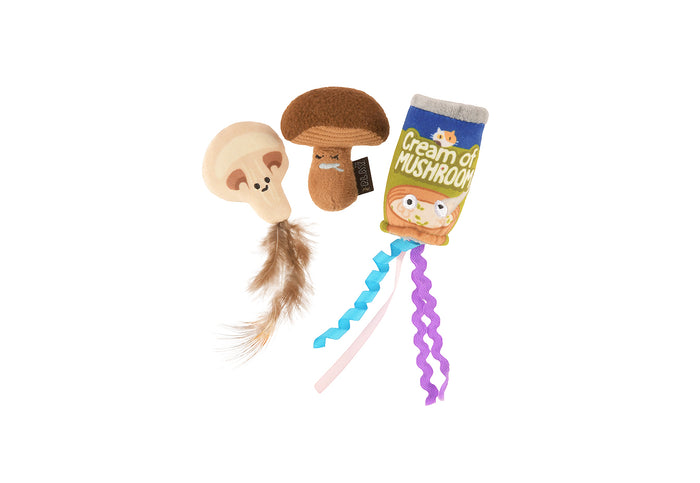 P.L.A.Y. Feline Frenzy Purrfectly Fungi toy set with a mushroom, mushroom slice and a container labeled 'Cream of Mushroom' with colorful strings coming out of the bottom on a white background