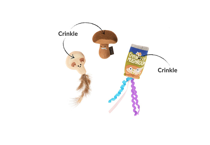 P.L.A.Y. Feline Frenzy Purrfectly Fungi toy set feature image labeled with 'Crinkle' on a white background