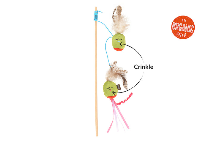 P.L.A.Y. Feline Frenzy Purrfectly Pitted Wand Toy with crinkle elements pointed out and organic catnip label on a white background