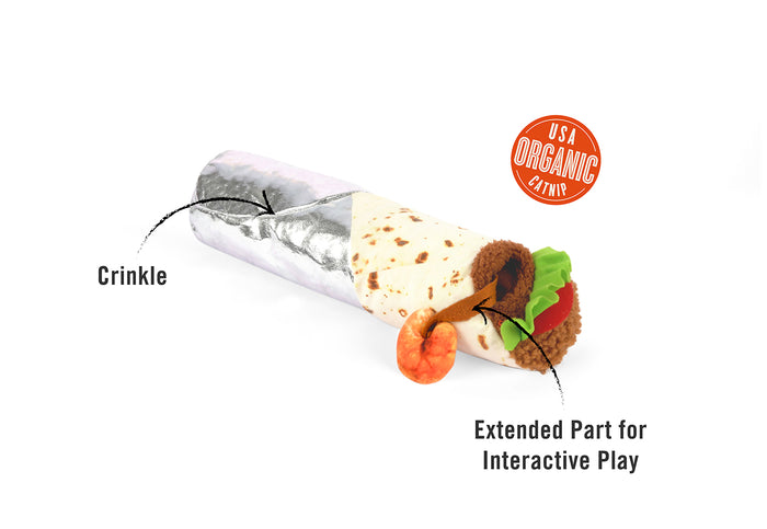 P.L.A.Y.'s Feline Frenzy Kicker - Shrimp Purrito Toy features shown