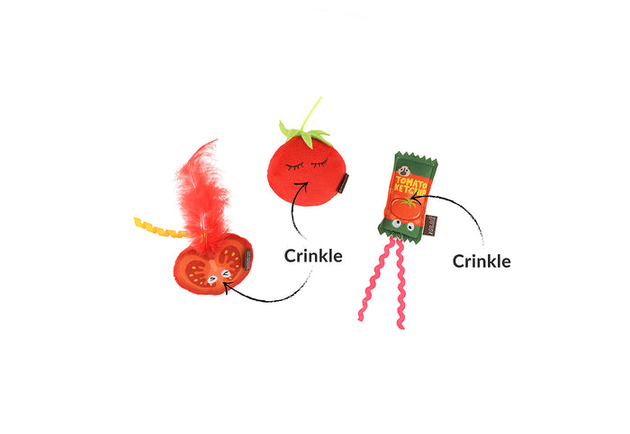 P.L.A.Y. Feline Frenzy Toma-toe Beans toy set feature image pointing out crinkle sound effect on a white background