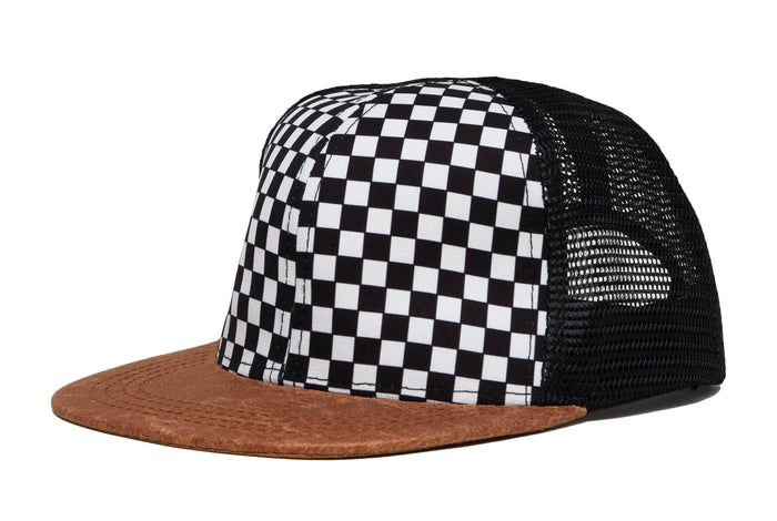 Flat Brim Trucker Hat - Checker/Faux Leather Brim