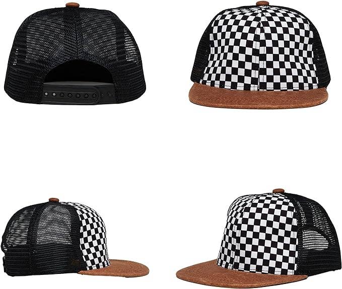 Flat Brim Trucker Hat - Checker/Faux Leather Brim