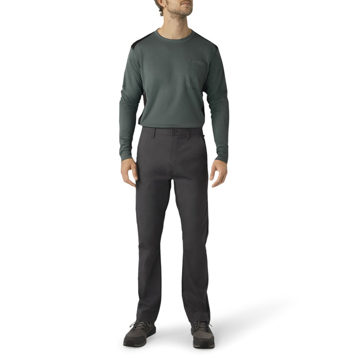 Man wearing dark gray regular fit pants with a gray long-sleeve shirt and black boots.