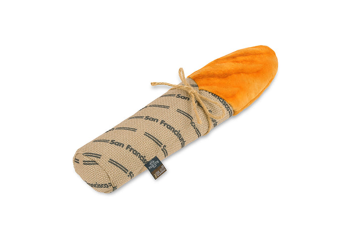 Feline Frenzy Fog City Pet x P.L.A.Y. Fur-mented Loaf Kicker Toy wrapped in burlap with 'San Francisco' text on a white background