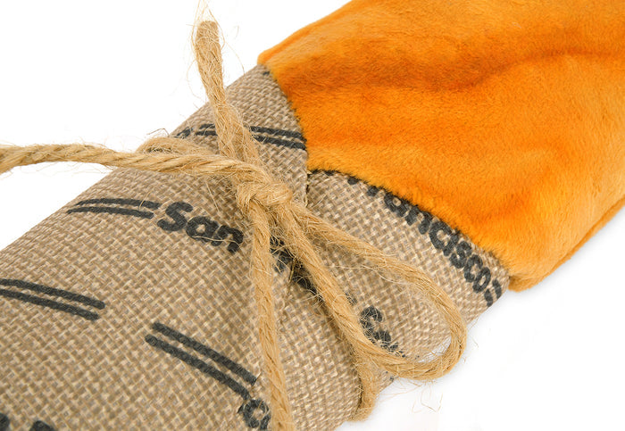 Feline Frenzy Fog City Pet x P.L.A.Y. Fur-mented Loaf Kicker Toy close up of tied string and burlap bag item on a white background