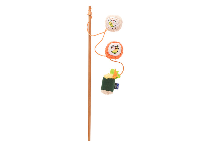 Fog City Pet x Feline Frenzy Roll With It Wand toy resembling sushi rolls on a stick with a white background