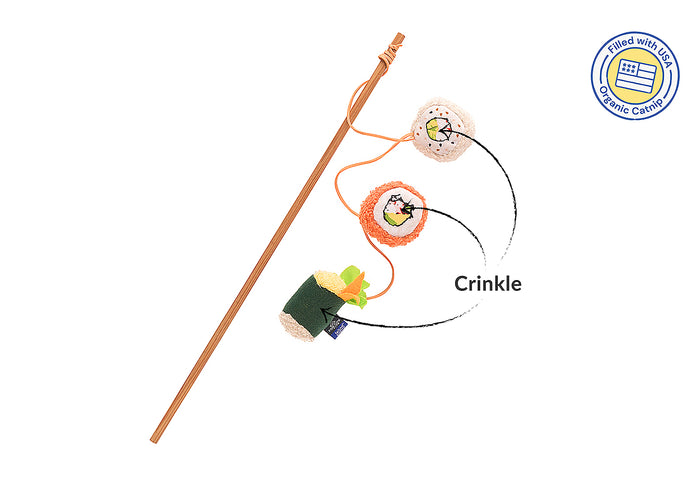 Fog City Pet x Feline Frenzy Roll With It Wand toy on a white background with crinkle feature and catnip pointed out