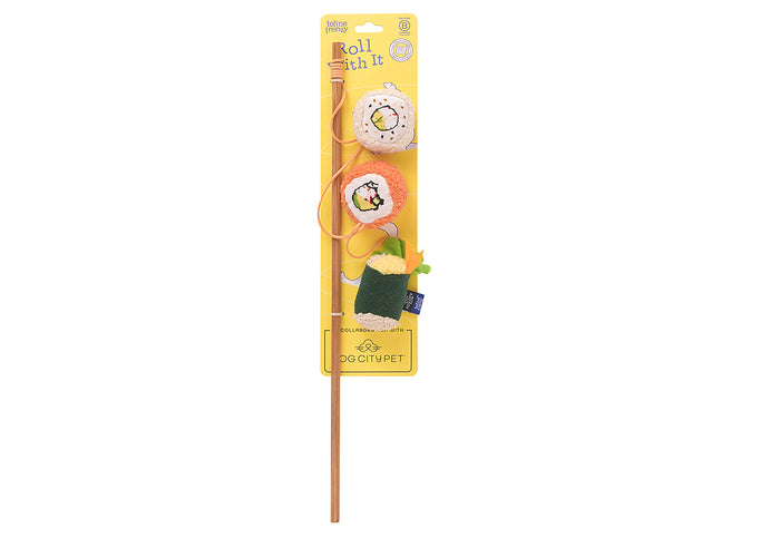 Fog City Pet x Feline Frenzy Roll With It Wand toy with sushi design in packaging on a white background