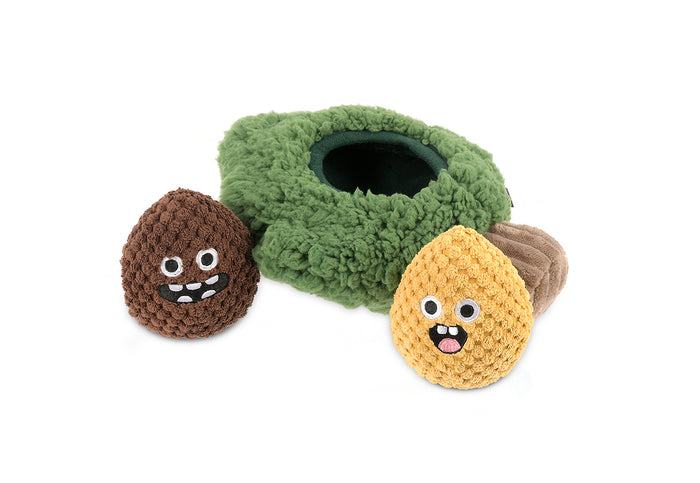 Fog City Pet x P.L.A.Y. Pine Pals Dog Toy showing two pinecones outside of pine tree body on white background