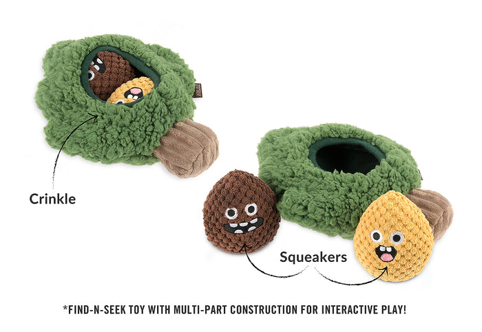 Fog City Pet x P.L.A.Y. Pine Pals Dog Toy with features pointed out and multiple parts shown on white background