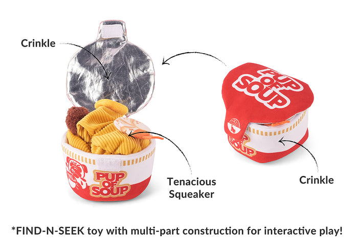 Fog City Pet x Play Pup of Soup dog toy with crinkle, tenacious squeaker, and crinkle features pointed out on a white background.