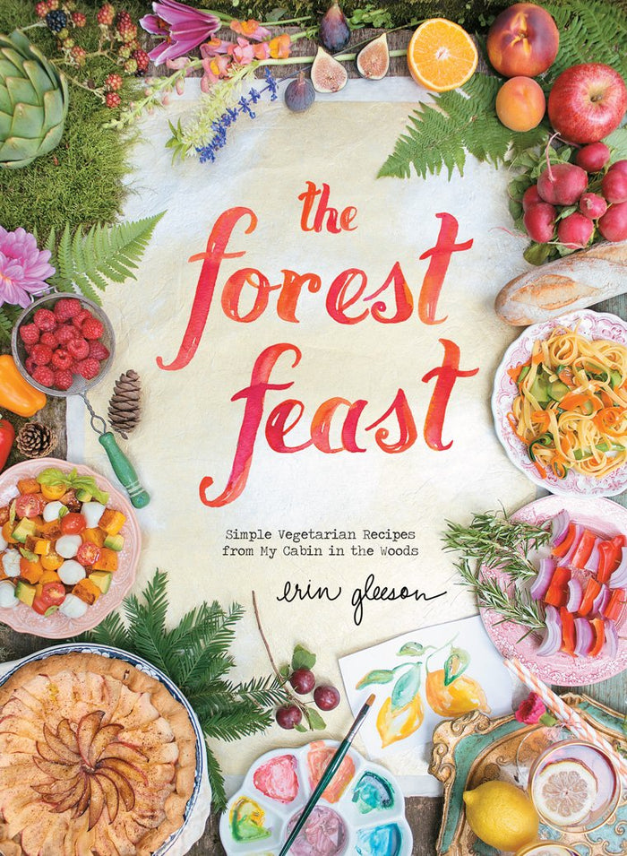 Book cover of 'The Forest Feast' with colorful food illustrations and vibrant text.