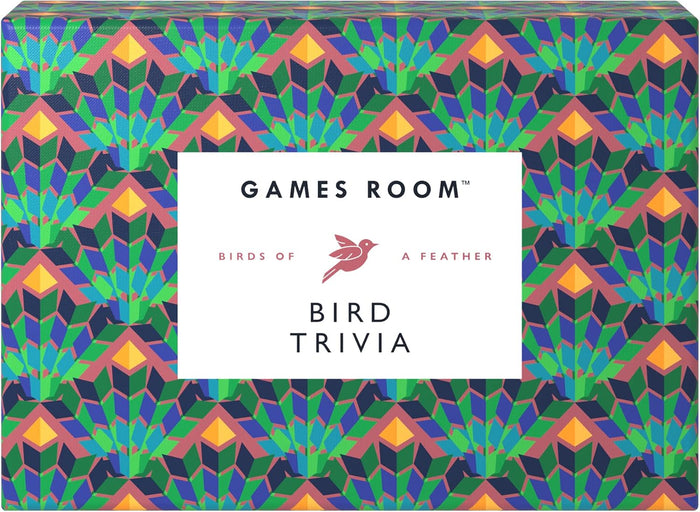 Games Room Birds of a Feather Bird Trivia game box featuring a colorful geometric pattern with a white center label.