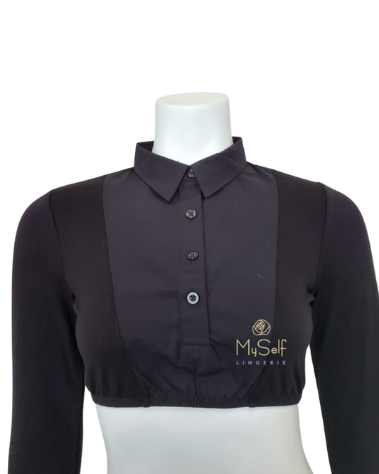 Gemsli SH326 Black Long Sleeve Crop Shell with Pointed Collar and Cuffs MYSELFLINGERIE.COM