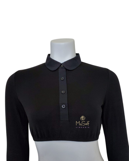 Gemsli SH324 Black Long Sleeve Crop Shell with Rounded Collar and Cuffs MYSELFLINGERIE.COM