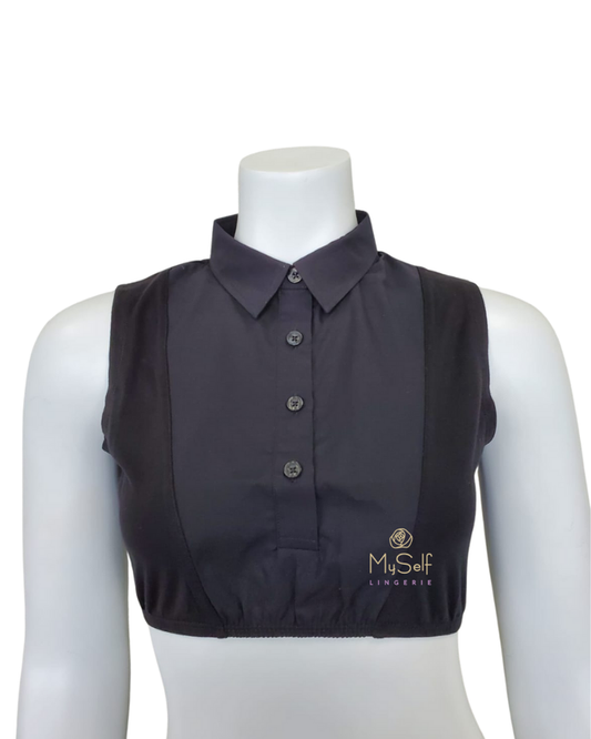 Gemsli Black Sleeveless Crop Shell w/ Placket and Pointed Collar myselflingerie.com