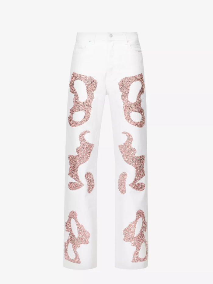 GERMANIER Patch Stone Embellished Straight-Leg Mid-Rise Upcycled-Denim Jeans - House Of Huntington