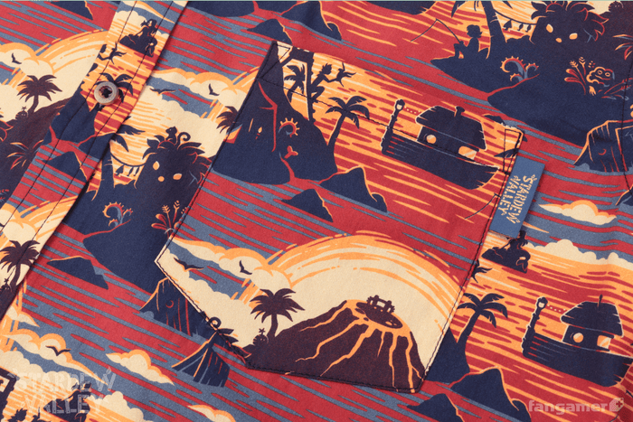 A closeup of the Ginger Island Resort button-up shirt, showing the Stardew Valley tag on the left edge of the chest pocket. The pattern restarts on the placket and the pocket.