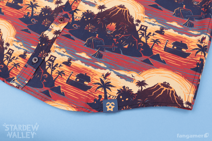 A closeup of the Ginger Island Resort button-up shirt, showing a small Stardrop tag sewn onto the bottom of the shirt on the left side.