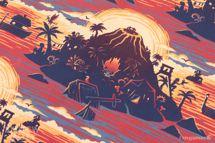 A closeup of the Ginger Island Resort button-up showing the pattern—an island with someone fishing off one side, a shipwreck in the center, and a tent on the other side, with a sunset behind it.