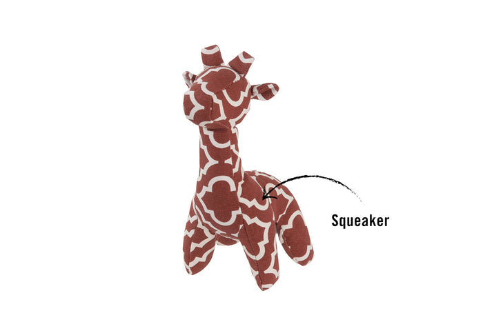 P.L.A.Y. Repurposed Pals plush giraffe toy with the squeaker pointed out via arrow on a white background
