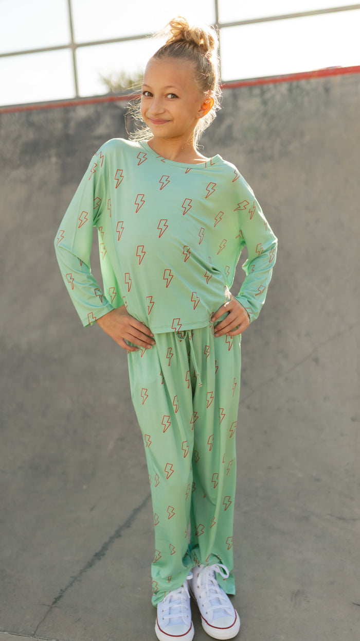 Girl's Long Sleeve and Pants Set in Teal Lightning
