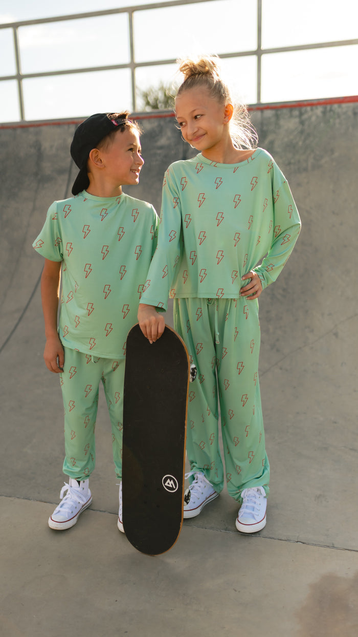 Girl's Long Sleeve and Pants Set in Teal Lightning