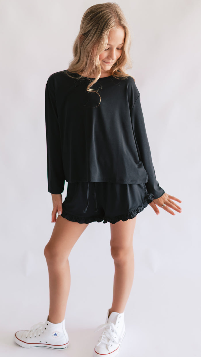 Girl's Long Sleeve and Ruffle Shorts Set in Solid Black
