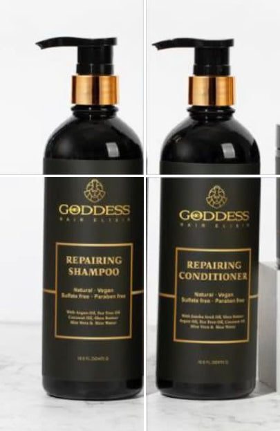 GODDESS HAIR ELIXIR KIT (3) Goddess Repairing Conditioner & Repairing Shampoo 16.9 fl.oz + mascarilla