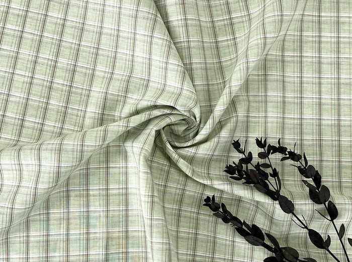 Green Plaid Linen Cotton Fabric – Pre-Washed, Light-Medium Weight 8268