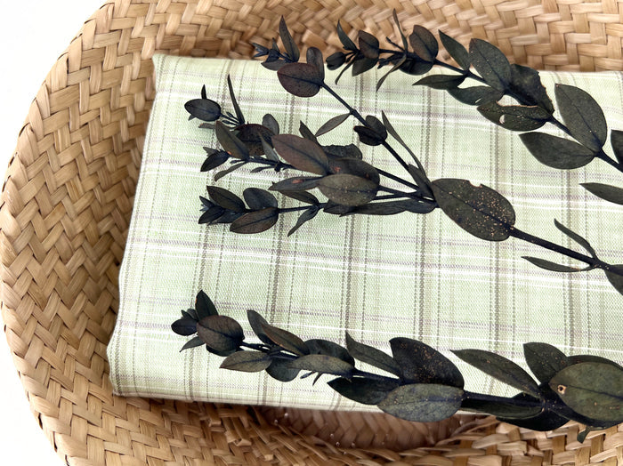 Green Plaid Linen Cotton Fabric – Pre-Washed, Light-Medium Weight 8268