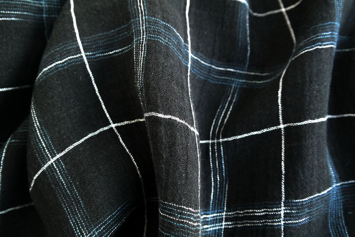 High Twisted Linen Fabric with Wrinkle Effect -Spaced Dyed Windowpane Check 6645 6688 - The Linen Lab - BLACK 6645