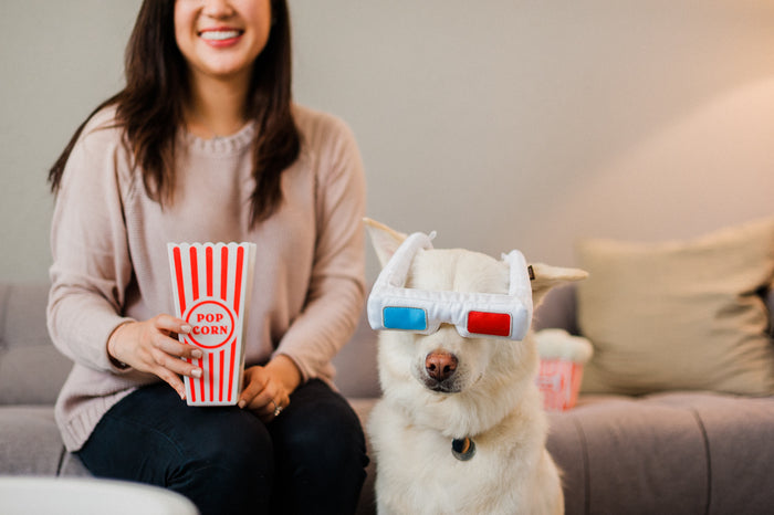 P.L.A.Y. Hollywoof Cinema 3-Dog Glasses Toy - white dog wearing the toy on his face with dog mom smiling with popcorn box on the couch to the side