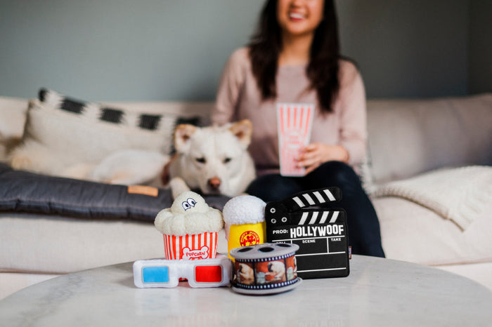 P.L.A.Y. Hollywoof Cinema Toy Collection on coffee table in front of dog mom and white dog sitting on the couch