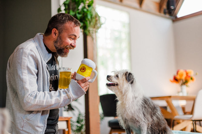 P.L.A.Y. Hollywoof Cinema Hoppy Hound Brew Toy - dog dad holding a beer and the beer toy presenting to a white small dog looking up smiling back