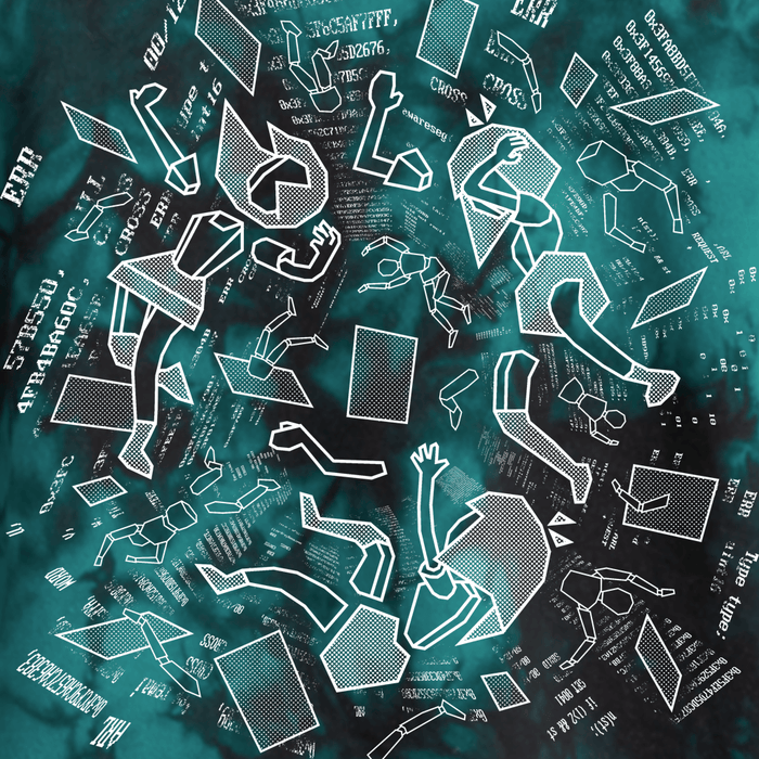 A closeup of the Holy Code ENA pullover hoodie showing an abstract design in white and gray on a deep-sea-blue tie-dye hooded sweatshirt. Geometric representations of ENA appear to be falling into a tunnel of code and polygons.