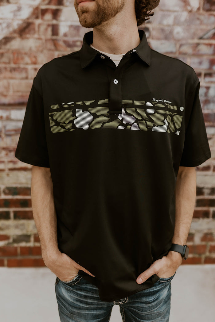 Honey Hole Performance Polo- Camo Black